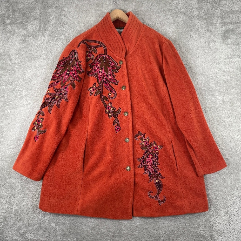 Bob Mackie Wearable Art Fleece Jacket Womens 1X Orange Embroidered Floral Button
